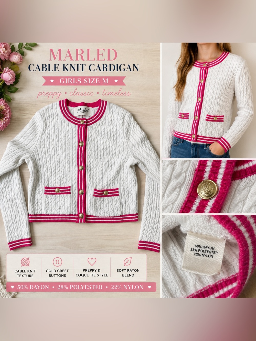 Marled Girls M White Pink Cable Knit Cardigan Preppy